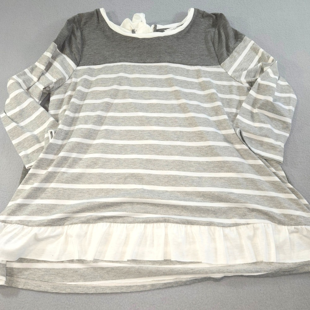 Umgee Tunic Top Womens 1XL Grey White Striped Ruffle Back Tie Long Sleeve